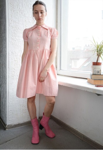 Vintage Lolita Style Pink Checked Cotton Puff Sleeved Dress