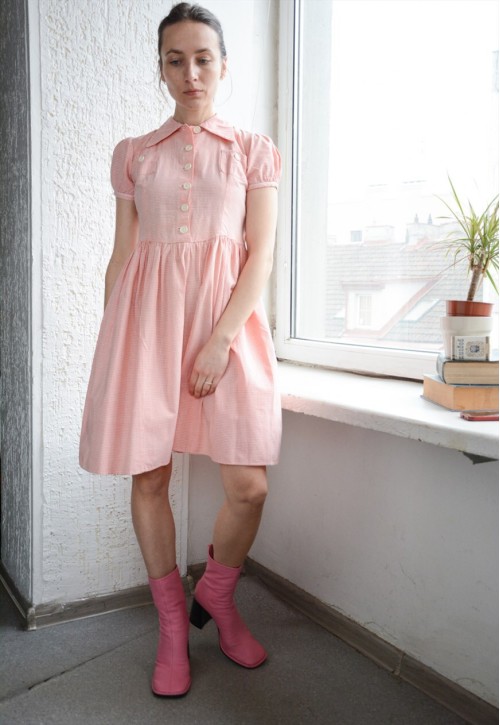Vintage Lolita Style Pink Checked Cotton Puff Sleeved Dress