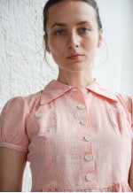 Vintage Lolita Style Pink Checked Cotton Puff Sleeved Dress