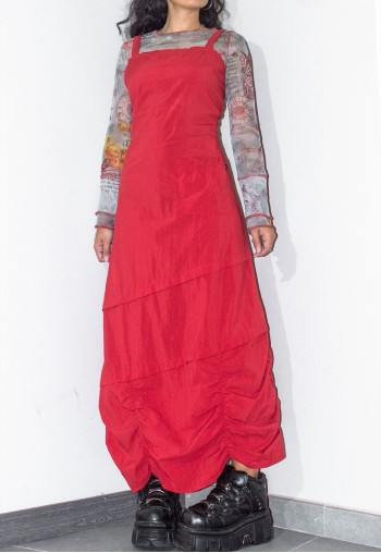 Vintage 2000s Long Ruched Detail Red Cargo Dress