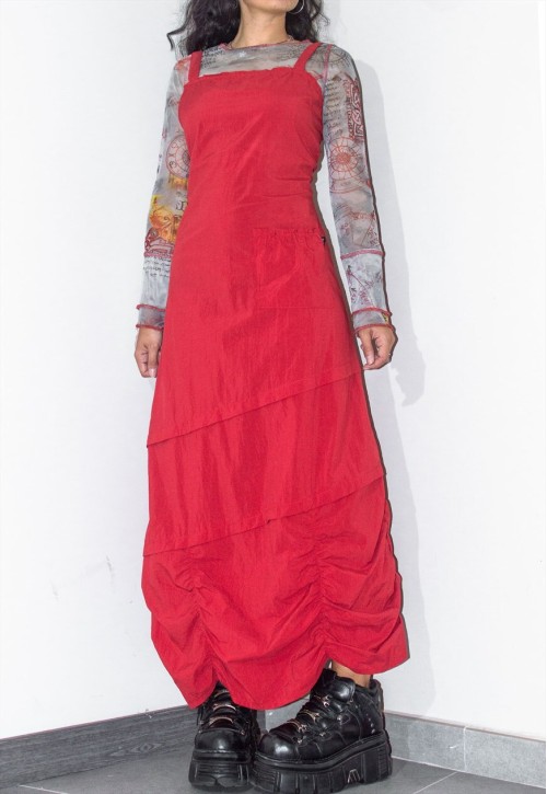 Vintage 2000s Long Ruched Detail Red Cargo Dress