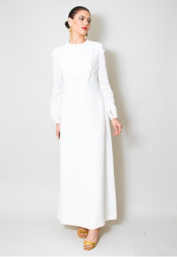 1960's Wedding Dress White Long Bell Sleeve Bow Detail