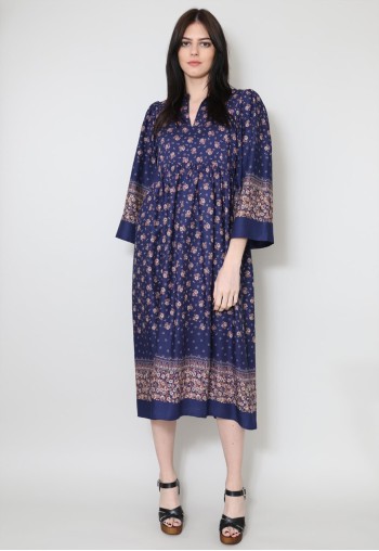 70's Vintage Folk Kimono Sleeve Blue Midi Dress Small