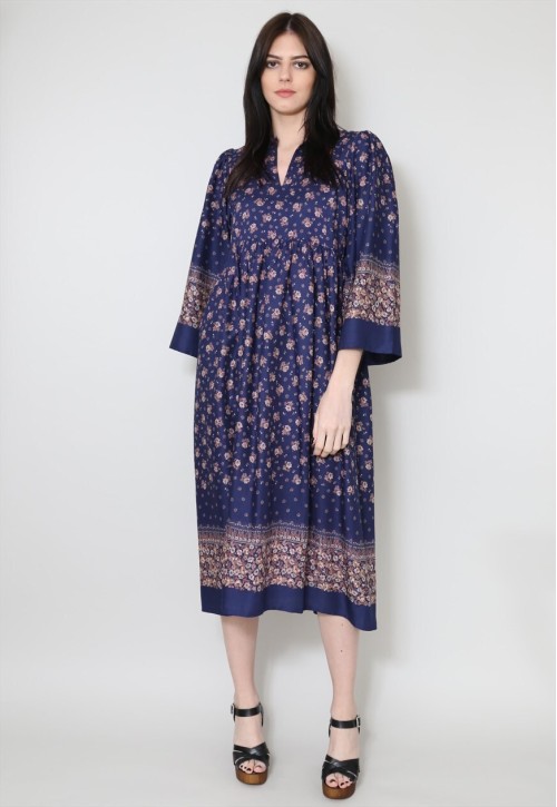 70's Vintage Folk Kimono Sleeve Blue Midi Dress Small