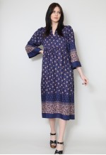 70's Vintage Folk Kimono Sleeve Blue Midi Dress Small