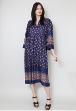 70's Vintage Folk Kimono Sleeve Blue Midi Dress Small