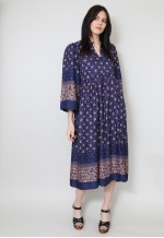 70's Vintage Folk Kimono Sleeve Blue Midi Dress Small