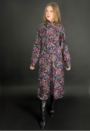 70's Vintage Black Purple Floral Long Sleeve Midi Dress