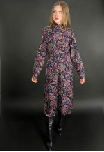 70's Vintage Black Purple Floral Long Sleeve Midi Dress