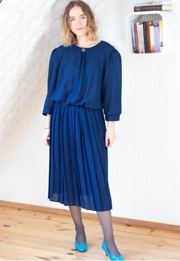 Dark blue navy pleated skirt round collar vintage dress