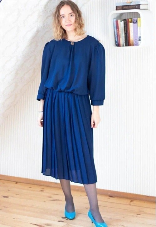 Dark blue navy pleated skirt round collar vintage dress