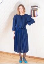 Dark blue navy pleated skirt round collar vintage dress