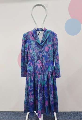 Vintage Pleated Shirt Dress Blue Purple