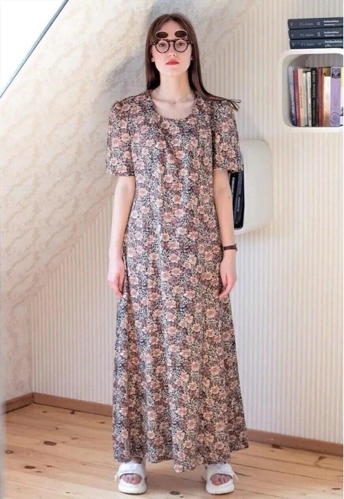 Brown floral maxi vintage A-line dress