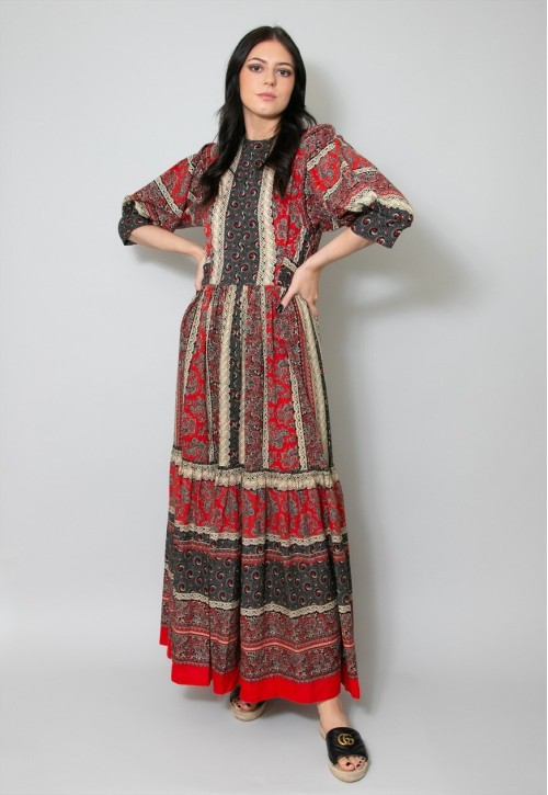 70's Vintage Red Black Maxi Dress Hippy Folk Boho