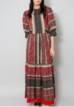 70's Vintage Red Black Maxi Dress Hippy Folk Boho