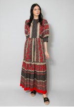 70's Vintage Red Black Maxi Dress Hippy Folk Boho