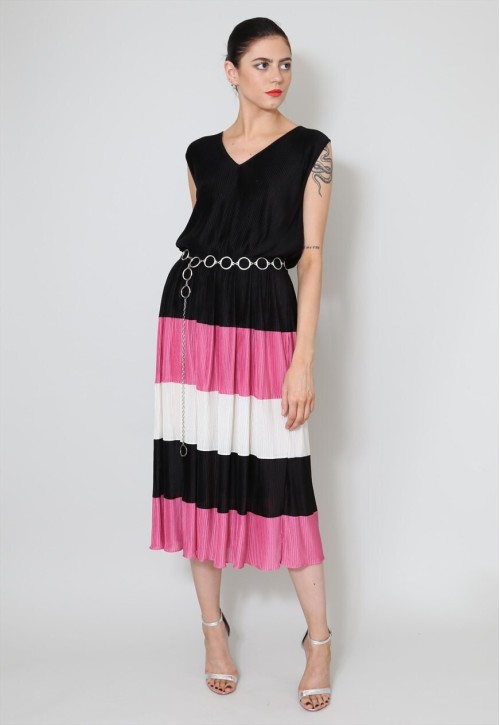 70's Vintage Midi Dress Black Pink White Pleated Sleeveless