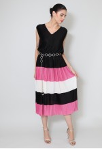 70's Vintage Midi Dress Black Pink White Pleated Sleeveless