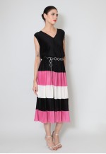 70's Vintage Midi Dress Black Pink White Pleated Sleeveless