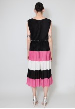 70's Vintage Midi Dress Black Pink White Pleated Sleeveless