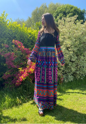 70's Vintage Ladies Black Bell Sleeve Retro Maxi Dress