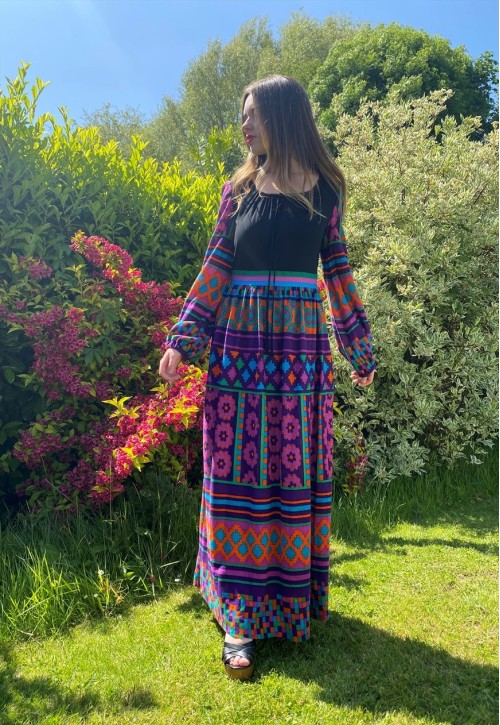 70's Vintage Ladies Black Bell Sleeve Retro Maxi Dress