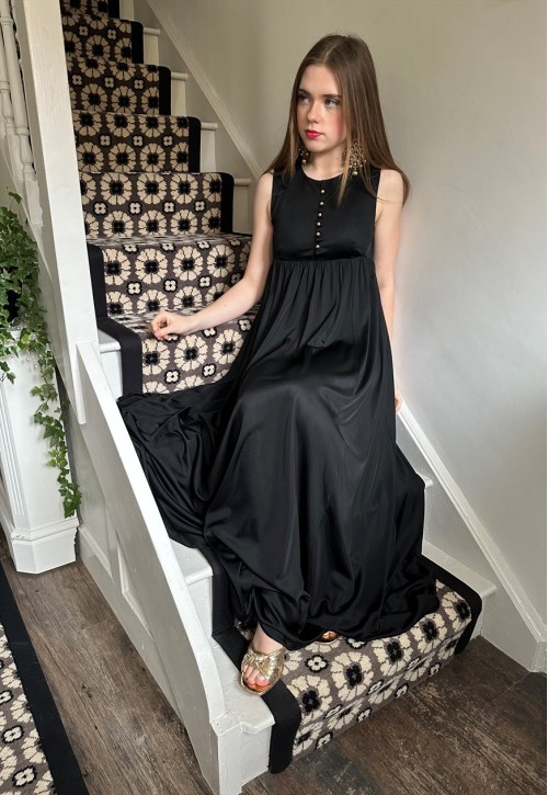 Frank Usher 70's Black Sleeveless Empire Line Maxi Dress