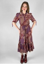 70's Vintage Purple Floral Short Sleeve Prairie Midi Dress