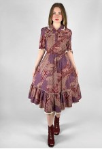 70's Vintage Purple Floral Short Sleeve Prairie Midi Dress