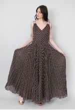 70's Vintage Slip Maxi Dress Brown White Polka Dot