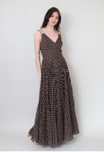 70's Vintage Slip Maxi Dress Brown White Polka Dot