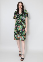 70's Vintage Dress Retro Black Floral Puff Sleeve