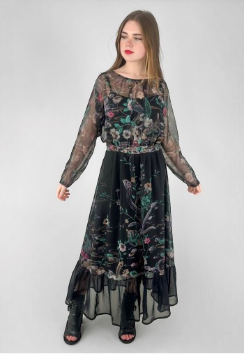 70's Vintage Sheer Black Batwing Floral Prairie Maxi Dress
