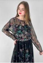 70's Vintage Sheer Black Batwing Floral Prairie Maxi Dress