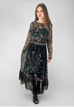 70's Vintage Sheer Black Batwing Floral Prairie Maxi Dress