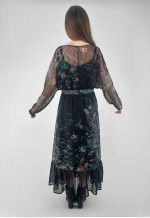 70's Vintage Sheer Black Batwing Floral Prairie Maxi Dress