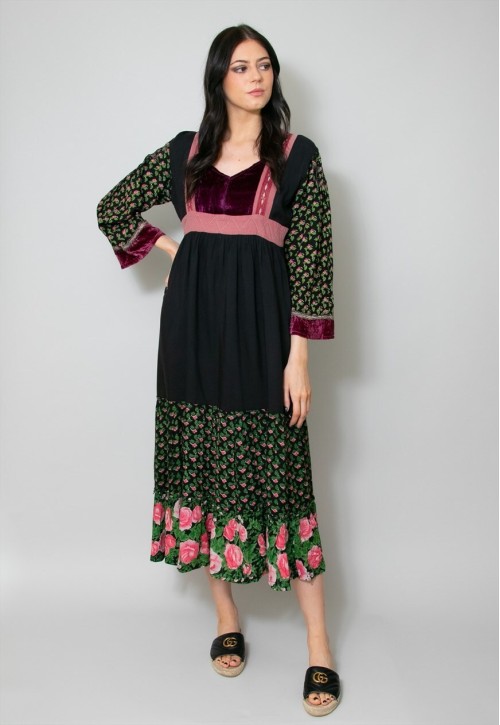70's Vintage Black Hippy Floral Velvet Boho Folk Midi Dress