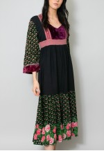 70's Vintage Black Hippy Floral Velvet Boho Folk Midi Dress