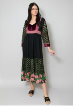70's Vintage Black Hippy Floral Velvet Boho Folk Midi Dress