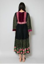 70's Vintage Black Hippy Floral Velvet Boho Folk Midi Dress