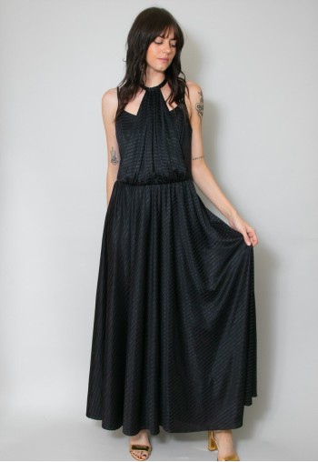 70's Vintage Black Lurex Ladies Maxi Evening Dress