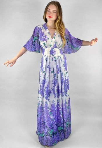 70's Vintage White Purple Floral Fluted Sleeve Maxi Dress