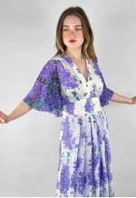 70's Vintage White Purple Floral Fluted Sleeve Maxi Dress