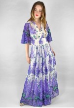 70's Vintage White Purple Floral Fluted Sleeve Maxi Dress