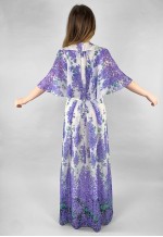 70's Vintage White Purple Floral Fluted Sleeve Maxi Dress