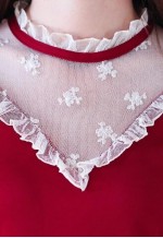 Cherry red long sleeve belted dress with white crochet chest