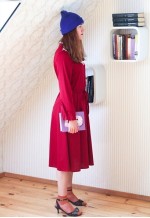 Cherry red long sleeve belted dress with white crochet chest