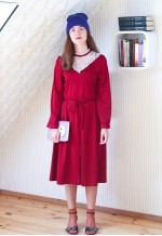 Cherry red long sleeve belted dress with white crochet chest
