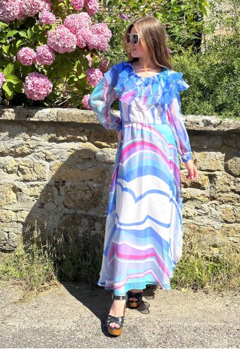 70's Vintage Ladies Ruffle Sheer Blue White Maxi Dress 70's Vintage Ladies Ruffle Sheer Blue White Maxi Dress